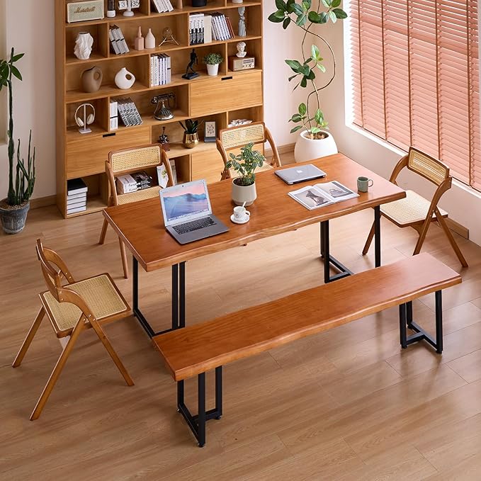 Solid Wood Administrative Desk, Dining Table with Durable Metal Legs, Uniquely Designed Leisure Table, Perfect for Restaurants and Home Offices, (Wood Brown, 62.99in)