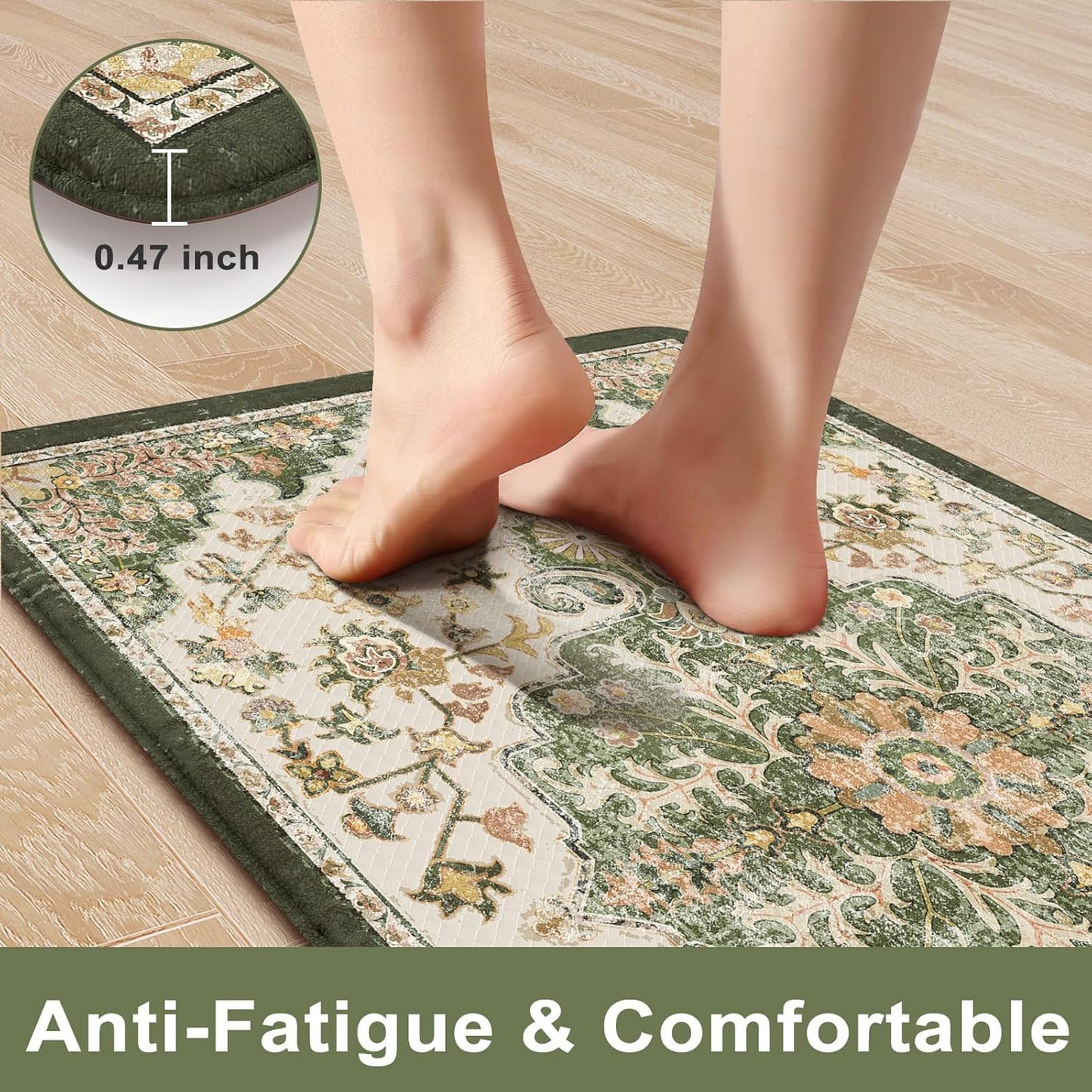 KIMODE Anti Fatigue Kitchen Mat 20"x39", Boho Vintage Kitchen Rug, Non Slip Kitchen Mats for Floor, Cushioned Kitchen Floor Mats, Standing Desk Mat for Sink Laundry Office Desk Green/Yellow