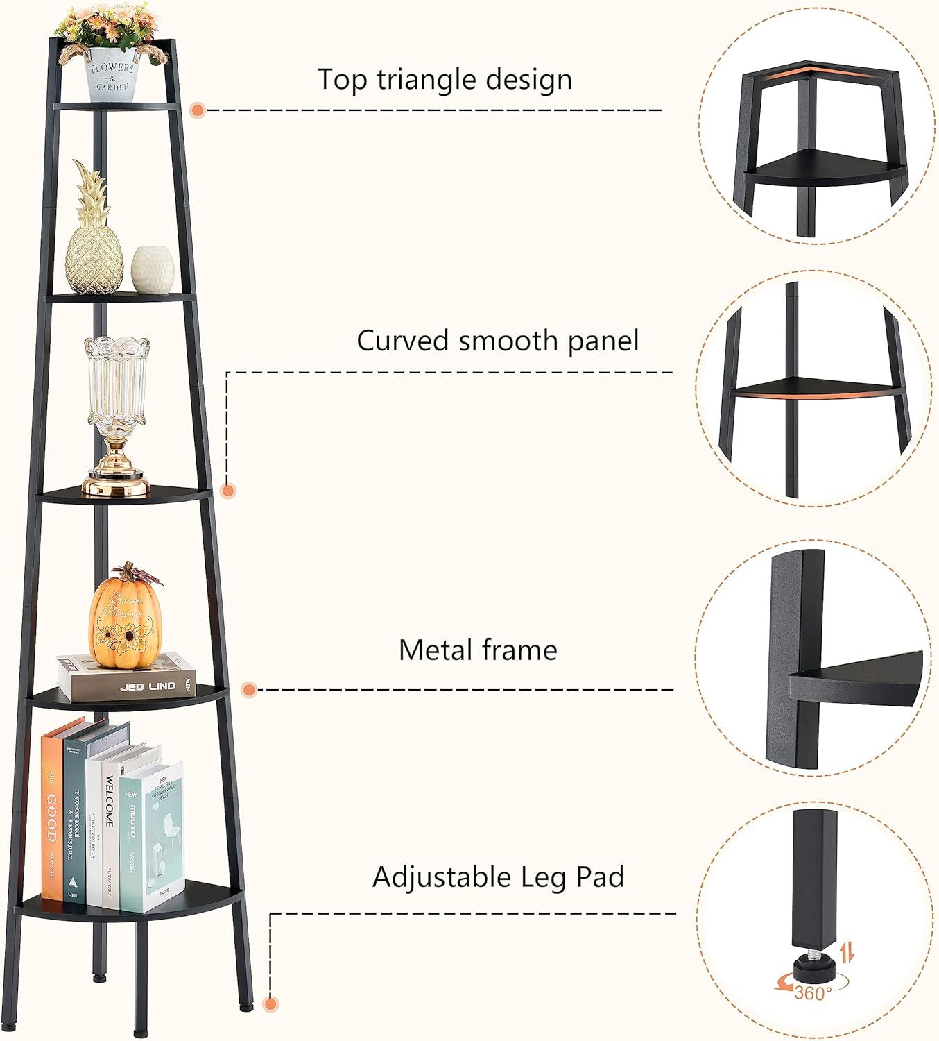 Hoctieon Corner Shelf, 5-Tier Corner Bookshelf, Rustic Ladder Shelf, Industrial Display Stand for Living Room, Kitchen, Home Office, Balcony, Small Space, Metal Frame, Black