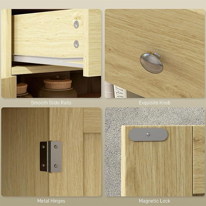 HOMCOM Sideboard with Solid Wood Countertop, Modern Kitchen Storage Cabinet, Coffee Bar Cabinet with 2 Drawers, Doors and Adjustable Shelf, Natural Rattan