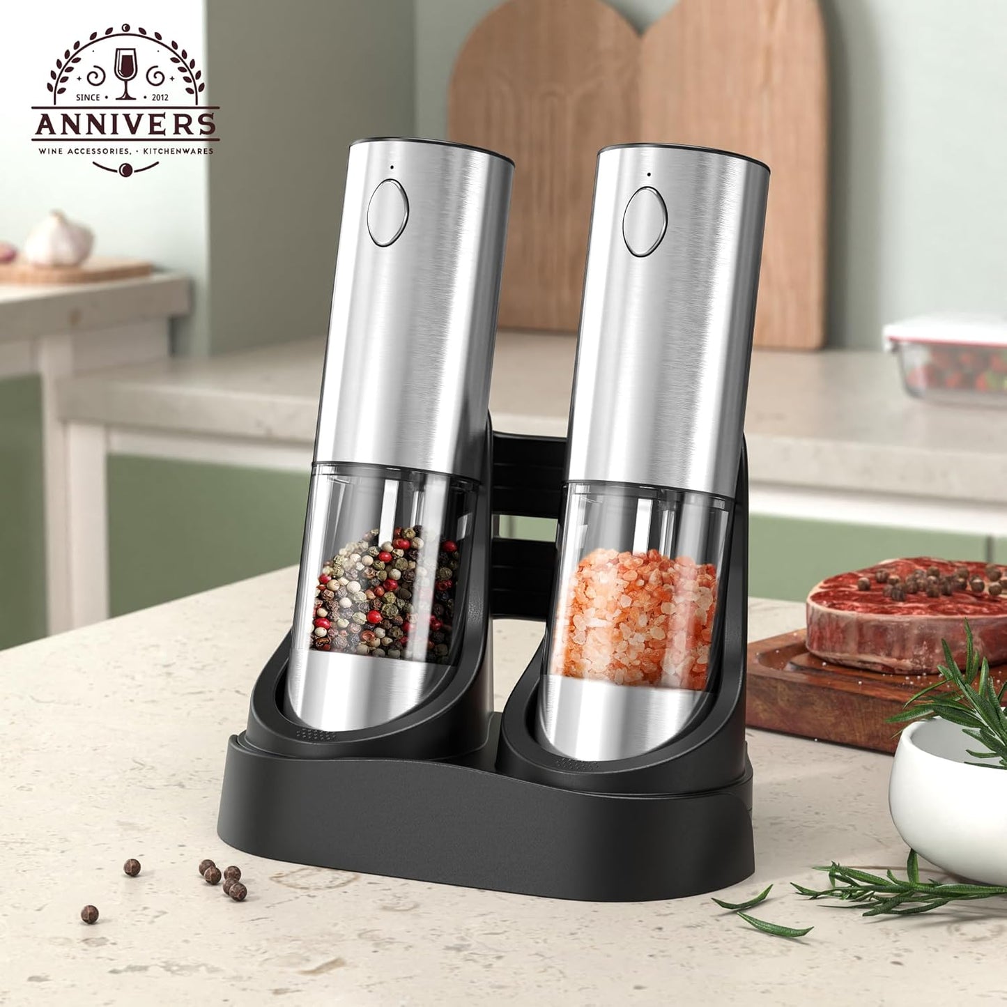 Electric Pepper & Salt Grinder Set, Automatic Seasoning Mill, Type-C Rechargeable Coarseness Adjustable, with LED Light, 95ml Enlarged Silo & Washable Storage Base, Stainless Steel