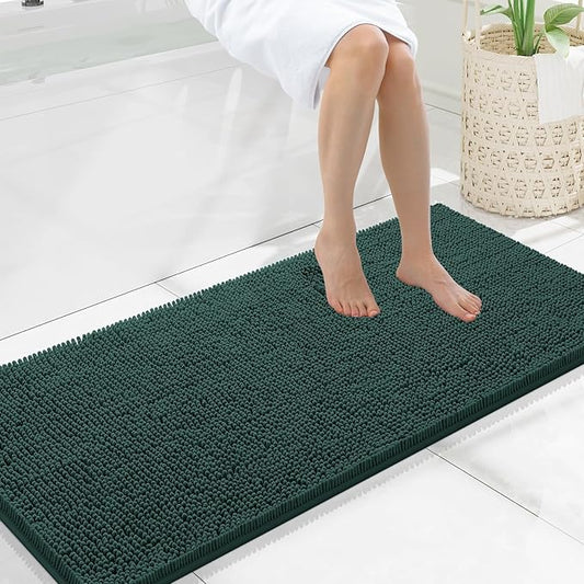 Smiry Luxury Chenille Bathroom Rugs 47x20, Extra Soft and Absorbent Shaggy Bath Mat, Machine Washable, Non-Slip Plush Carpet Runner for Tub, Shower, and Floor, Home Decor Accessories, Green