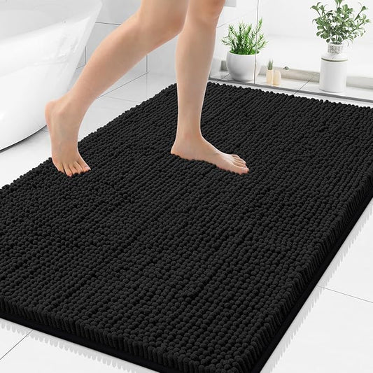 Smiry Luxury Chenille Bathroom Rugs 48x32, Extra Soft and Absorbent Shaggy Bath Mat, Machine Washable, Non-Slip Plush Carpet Runner for Tub, Shower, and Floor, Home Decor Accessories, Black