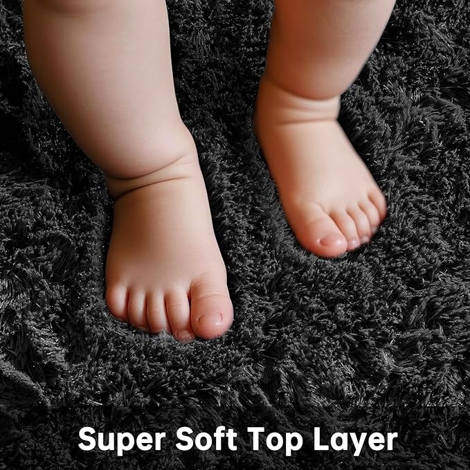 Ophanie Round Rug 7Ft Black Circle Area Rug, Room Decor for Men, Fluffy Fuzzy Bedroom Carpet, Plush Soft Shaggy Living Room Rugs for Kids Home Decor Aesthetic, Nursery