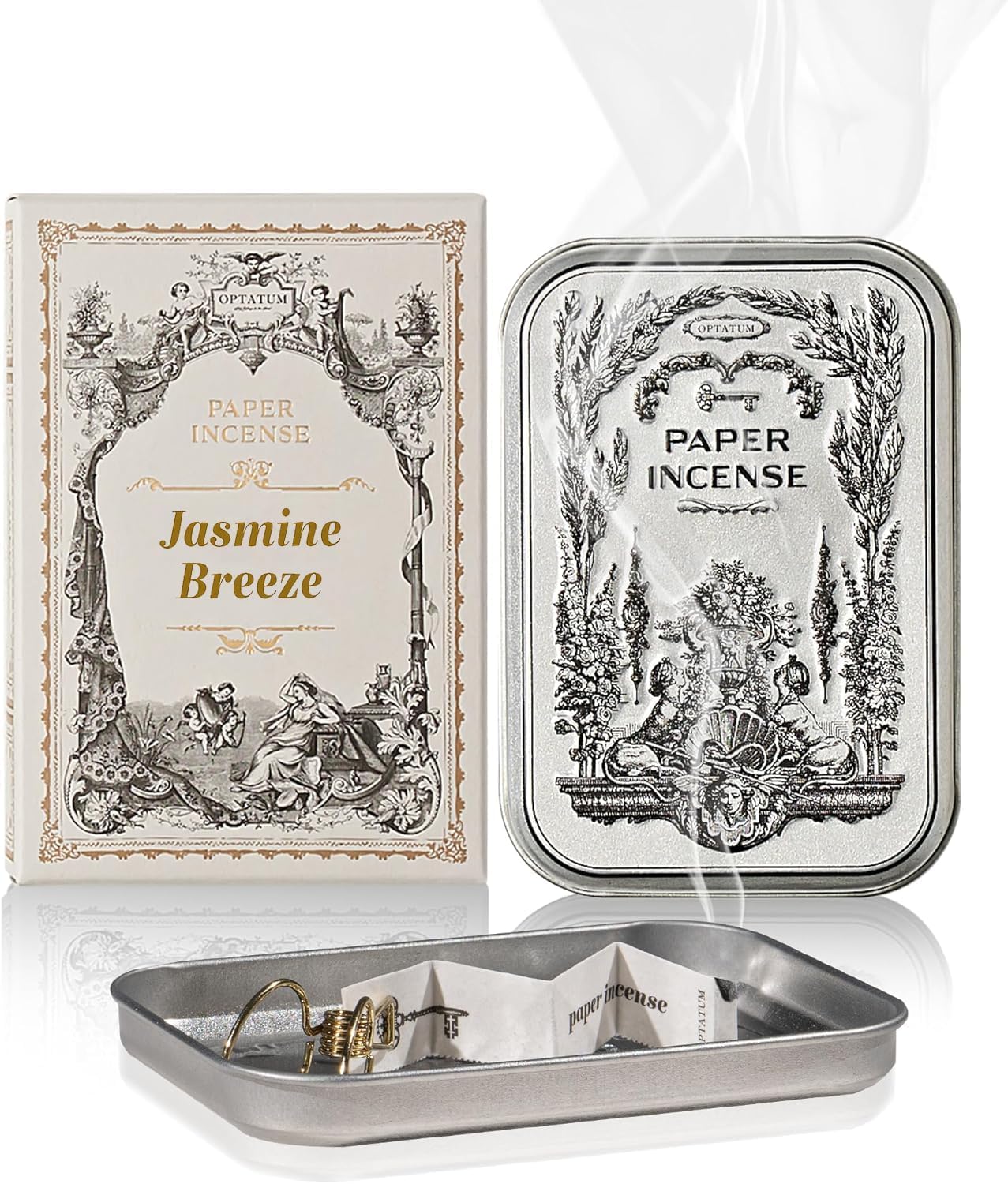 Paper Incense - 48pcs with Vintage Tin Case, Burning Papers Infused with Natural Essential Oils, Quick Usage & Long-Lasting Fragrance, Eliminating Bathroom, Kitchen, Pet Odors - Jasmine Breeze
