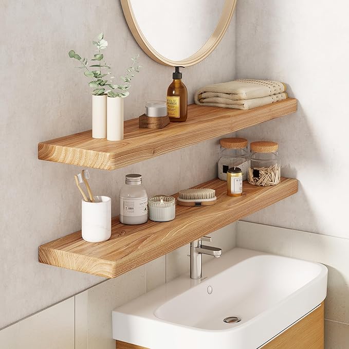 36" Rustic Elm Wood Floating Shelves, 8 Inch Deep Wall Shelves for Home Decor, Wall Mounted Floating Shelf with Invisible Bracket, Heavy-Duty Storage & Display Shelf for Living Room, Kitchen, Set of 2