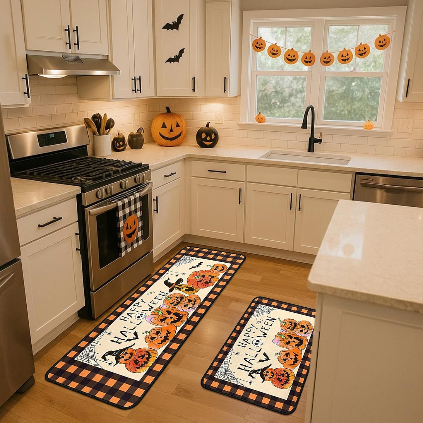 2 Piece Halloween Kitchen Decor Rugs Set,Cute Pumpkin Kitchen Rugs and Mats Non Skid Washable Absorbent Kitchen Accessories Decoration Floor Mats 17"x47"+17"x30"