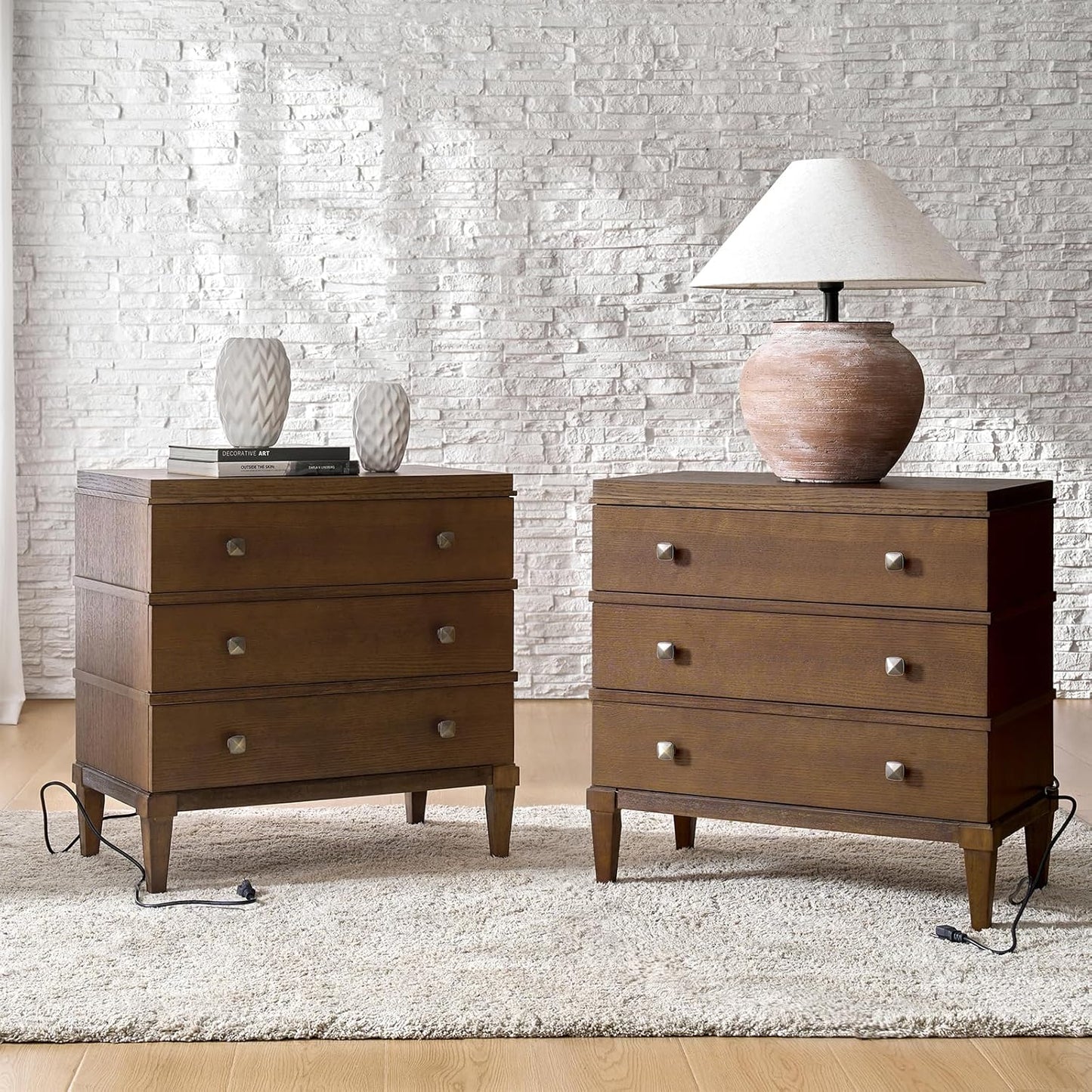 HULALA HOME 3-Drawer Nightstand with Charge Station, Farmhouse Nightstand with Solid Wood Legs, Set of 2(Walnut)