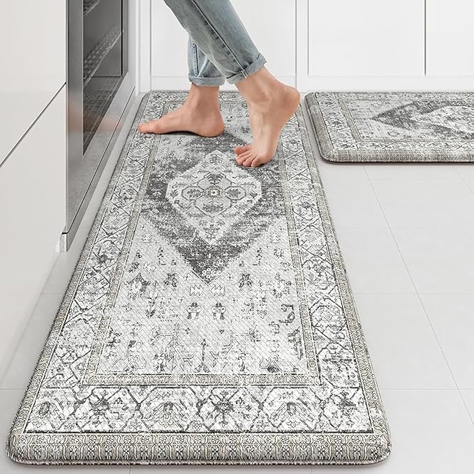 KIMODE Kitchen Rugs and Mats 2PCS Cushioned Anti Fatigue Kitchen Mat Non-Skid Waterproof Kitchen Runner Rug for Kitchen Decor,Floors,Office,Laundry,Grey