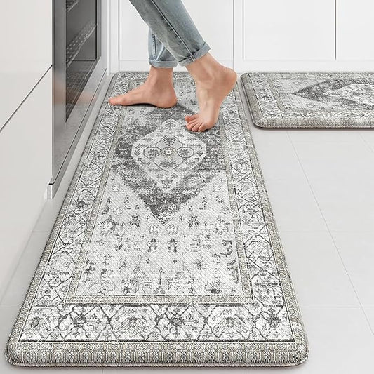 KIMODE Kitchen Rugs and Mats 2PCS Cushioned Anti Fatigue Kitchen Mat Non-Skid Waterproof Kitchen Runner Rug for Kitchen Decor,Floors,Office,Laundry,Grey