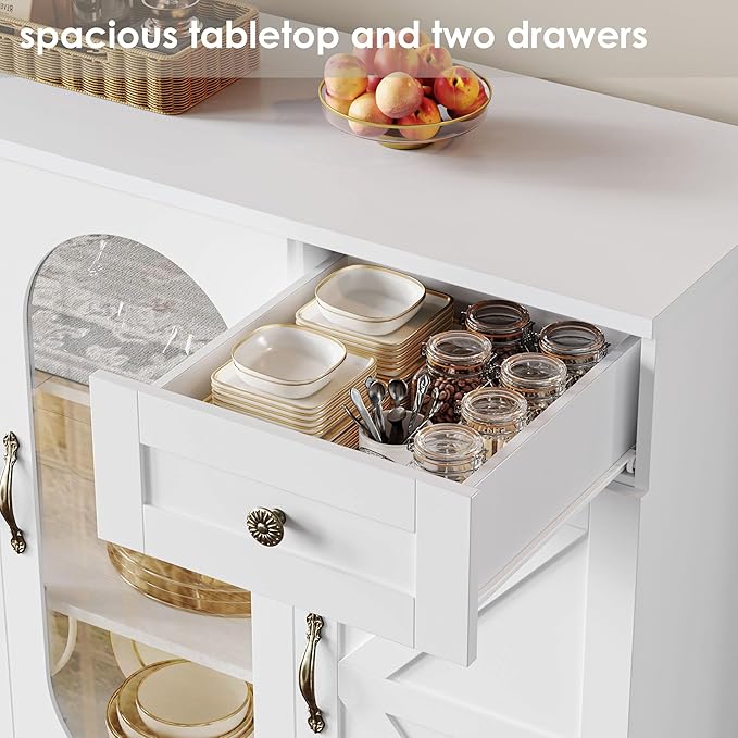 Keyluv Buffet Cabinet 55" Large Storage Coffee Bar with Drawer and Shelves, 3 Spacious Shelves Behind Glass Doors Sideboard Cabinet, Modern Farmhouse Furniture for Kitchen/Dining/Living Room, White