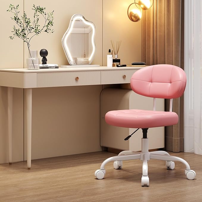 Misolant Vanity Chair with Back, Small Armless Cute Office Chair with Wheels and Lumbar Support, Comfy PU Leather Desk Computer Chairs with Adjustable Height, 360°Swivel for Home Bedroom Office, Pink