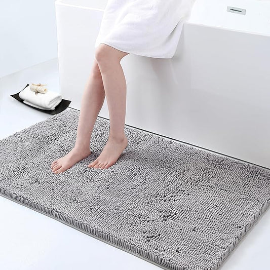 Smiry Luxury Chenille Bathroom Rugs 44x24, Extra Soft and Absorbent Shaggy Bath Mat, Machine Washable, Non-Slip Plush Carpet Runner for Tub, Shower, and Floor, Home Decor Accessories, Light Grey