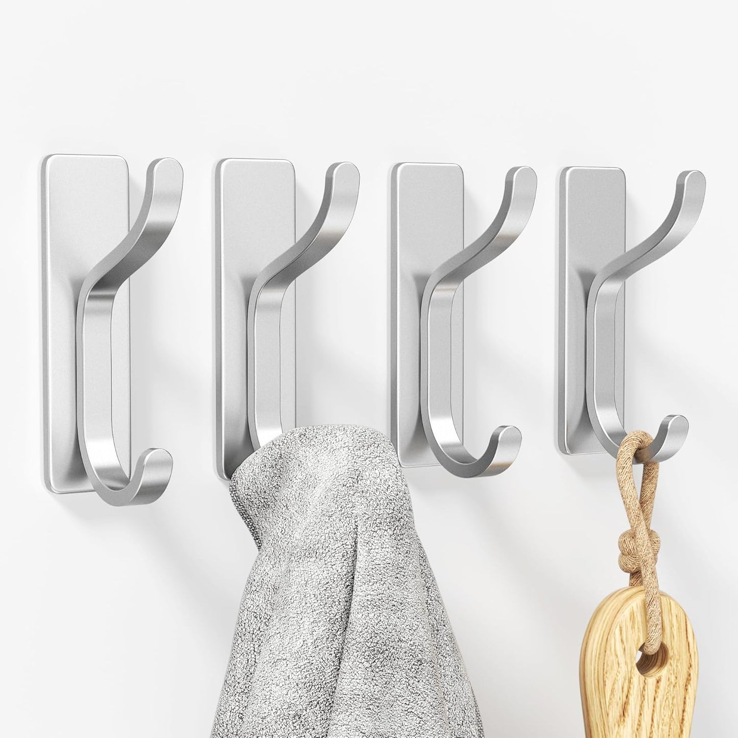 pickpiff Wall Hooks for Coat and Towel: 13LB Adhesive Door Hanger Stick on for Bathroom, Dorm, RV, Closet - Silver, 4 Pack