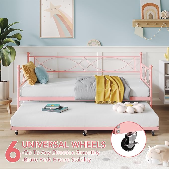 IDEALHOUSE Twin daybed with Trundle, Metal Twin Daybed and Trundle Set, Day Bed Sofa Bed Frame with Steel Slat Support, Multifunctional Daybed Frame for Bedroom (Modern - Pink)