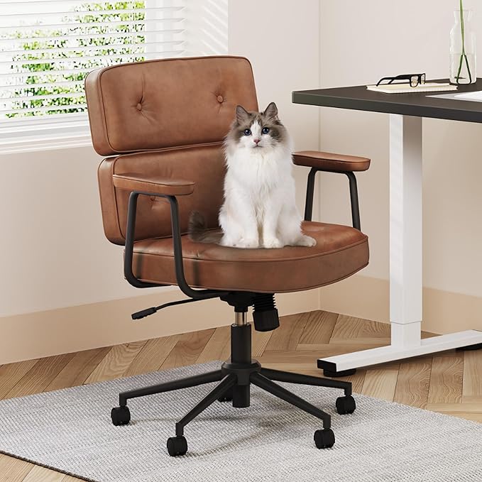 FLEXISPOT Vanity Chair with High Back Makeup Chair for Vanity Desk, Comfortable Home Office Desk Chairs 23.4 * 20.1in Wide Seat Cross Legged Office Chair with Wheels, Brown