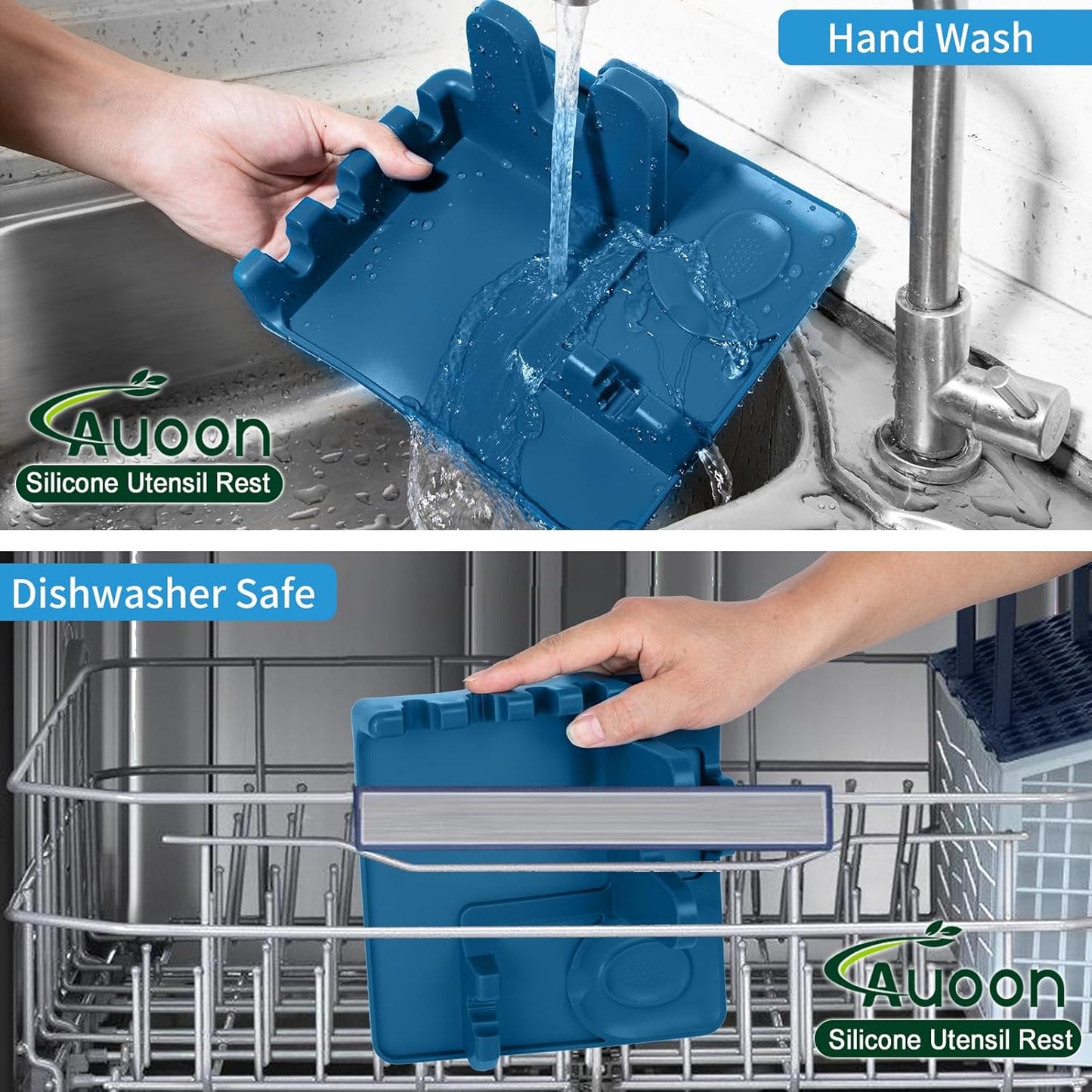 AUOON Spoon Rest for Stove Top - Silicone Utensil Rest with Drip Pad for Kitchen Counter | Practical Kitchen Gadgets for Cooking | Dishwasher Safe (Fog Blue, Large)