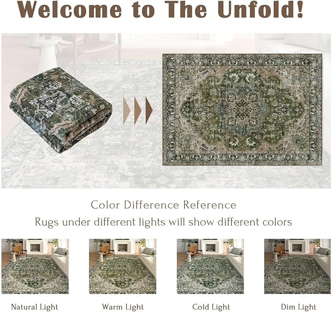 6x9 Area Rug for Living Room - Large Oriental Washable Rugs for Bedroom Non-Slip Moss Green Stain Resistant Dining Room Rug Farmhouse Low-Pile Carpet Soft Vinatge Rug for Office Guest Room