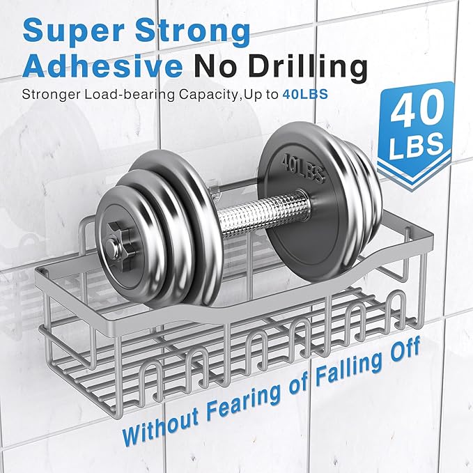 5-Pack Rustproof Stainless Steel Shower Caddy Set– No Drill Adhesive Bathroom Organizer, Space-Saving Shower Shelves for Apartment Essentials, Bathroom/Kitchen Storage Home Decor-L Size