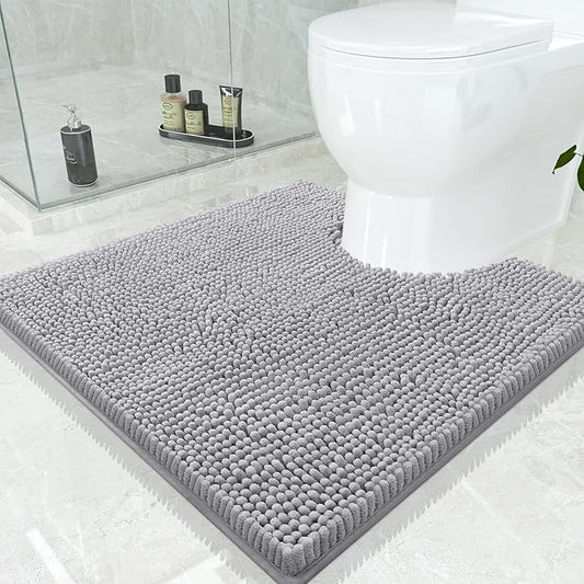 Smiry Luxury Chenille Toilet Rugs U-Shaped 24x24, Soft Absorbent Non-Slip Contour Bathroom Rugs for Toilet, Machine Washable Contoured Bath Mats, Light Grey