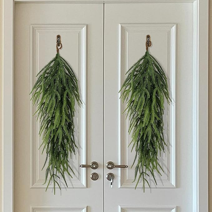 2 Pcs 30" Extra Length Artificial Christmas Teardrop Swag, Faux Pine Needles Teardrop Door Swag, Christmas Norfolk Greenery Teardrop Wreath for Xmas Door Table Mantle Fireplace Indoor Outdoor Decor