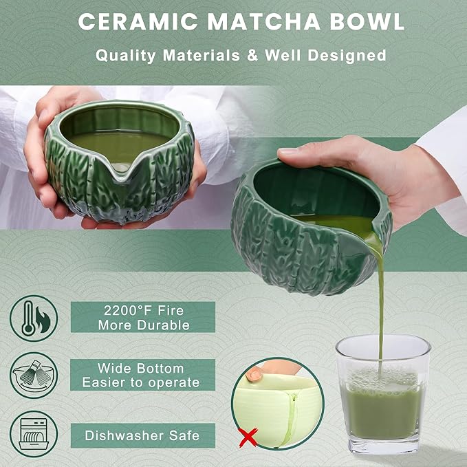 Matcha Whisk Set 6Pcs,Matcha Whisk (Chasen) and Holder,Matcha Bowl with Spout,Matcha Sifter and Matcha Spoon,Scoop for Matcha Maker Dark Green