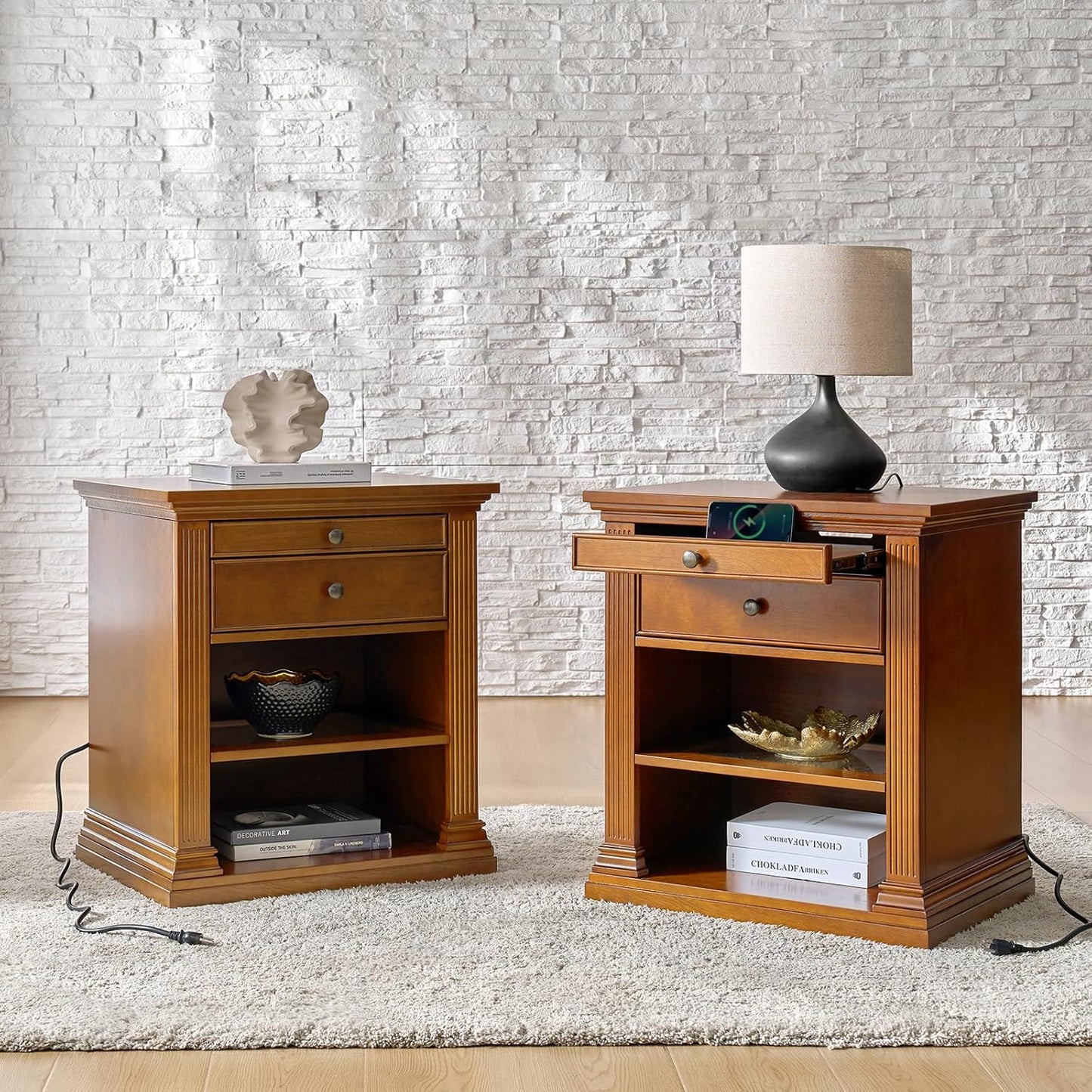 HULALA HOME Wood Nightstand with Tray and Storage Shelves, Traditional Design with Roman Column, End Table with Charging Station/LED，Acorn-S2