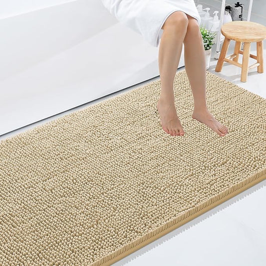 Smiry Luxury Chenille Bathroom Rugs 40x24, Extra Soft and Absorbent Shaggy Bath Mat, Machine Washable, Non-Slip Plush Carpet Runner for Tub, Shower, and Floor, Home Decor Accessories, Beige