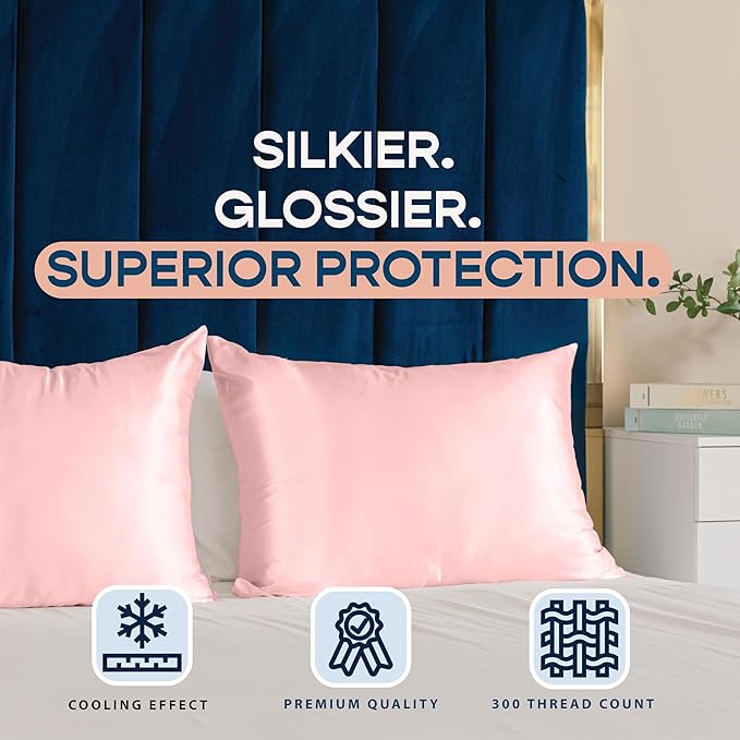 Pink Satin Pillowcase with Zipper, for Hair and Skin Care, Feels Soft and Cool Like a Silk Pillowcase, Satin Pillow Cases 2 Pack, Slik Pillow Cover, Standard Size - Set of 2