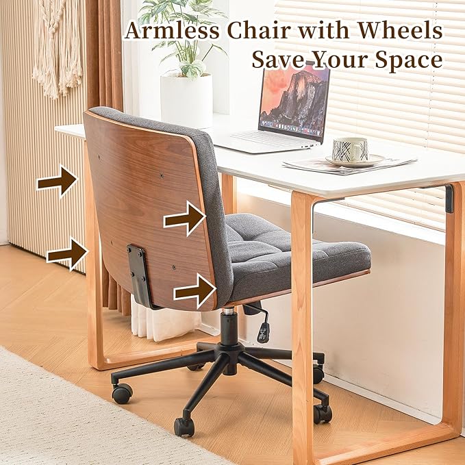 Furnimart Wide Swivel Criss Cross Legged Chair with Wheels, FSC Certified Wooden Desk Chair with Mid-Back Support, Comfy Armless Height Adjustable Vanity Chair for Desk, Bedroom (Linen Gray)