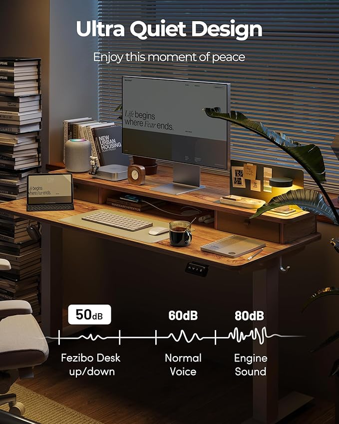 FEZIBO 60 x 24 Inch Height Adjustable Electric Standing Desk with Double Drawer, Computer Desk, Home Office Stand Up Table with 4 Height-Adjustable Feets & 2 Hooks, Light Rustic