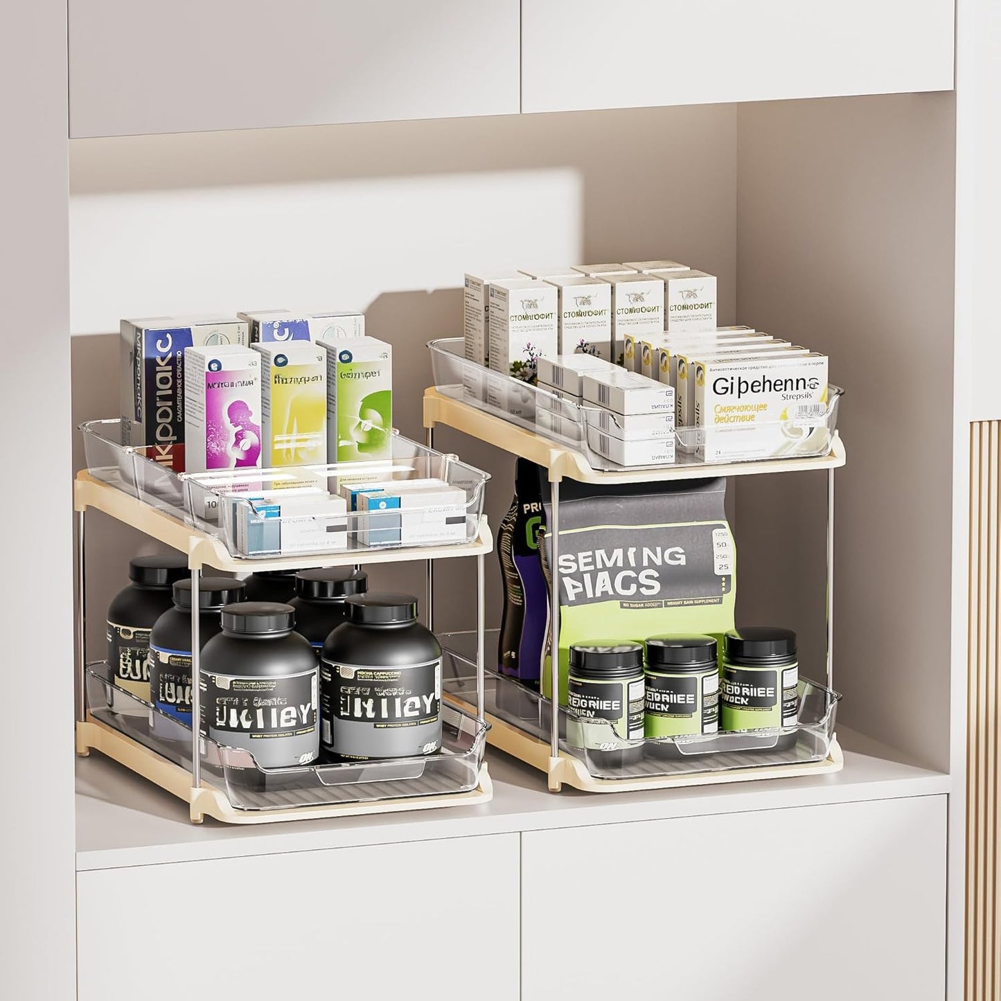 Delamu 2 Sets of 2-Tier Multi-Purpose Bathroom Under Sink Organizers and Storage, Stackable Kitchen Pantry Organization, Pull Out Medicine Cabinet Organizer with 8 Movable Dividers, Beige