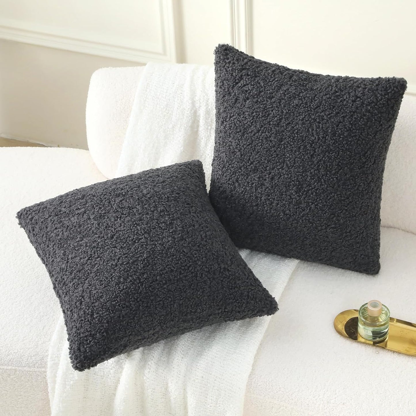 FUTEI Charcoal Throw Pillow Covers 16x16 Inch Set of 2,Furry Faux Fur Teddy Boucle Textured Cushion Covers,Soft Fluffy Decorative Pillow Case,Home Decor for Couch Bed Living Room Office Car