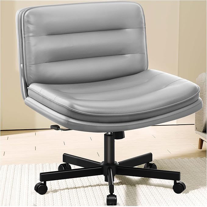 COMHOMA Cross Legged Office Chair with Wheels Armless Office Desk Chair, Modern Vanity Computer Task Chairs for Home Bedroom, Comfortable Wide Seat for Lower Back Pain Relief, PU Leahter, Gray