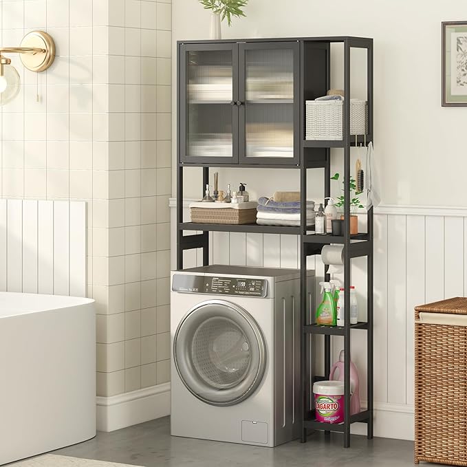 Over The Toilet Storage Cabinet Above Toilet Bathroom Organizer with Toilet Paper Holder Stand Bath Organizer with Adjustable Shelves & Acrylic Doors,Anti-Tip Device (Black, 3 Tiers with Cabinet)