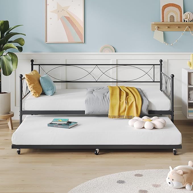IDEALHOUSE Twin daybed with Trundle, Metal Twin Daybed and Trundle Set, Day Bed Sofa Bed Frame with Steel Slat Support, Multifunctional Daybed Frame for Bedroom (Modern - Black)
