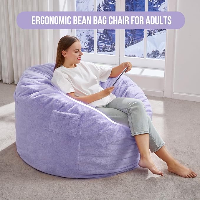Hobestluk 3FT Bean Bag Chairs for Adults Large Beanbag Chair with Plush Faux Fur Cover Big Bean Bag Chair for Living Room Bedroom Dorm Office -Purple (36” x 36” x 22”)