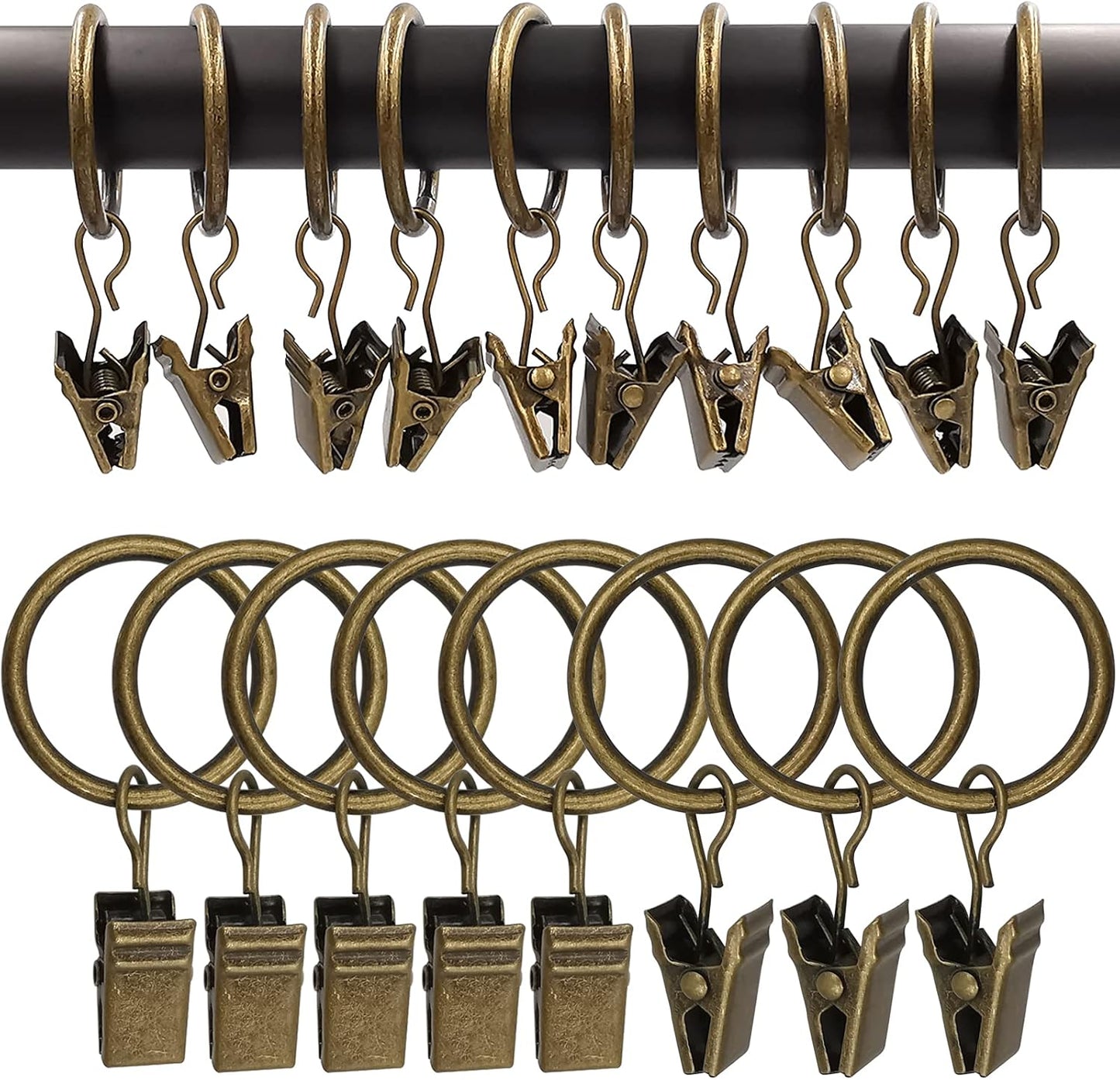 100 Pack Metal Curtain Rings with Clips, Drapery Clips with Rings, Drapes Rings 1 inch Inner Diameter, Fits Diameter 5/8 inch Curtain Rods, Vintage Bronze