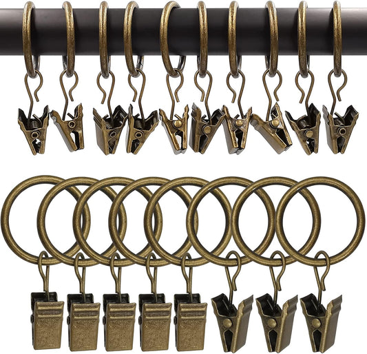 100 Pack Metal Curtain Rings with Clips, Drapery Clips with Rings, Drapes Rings 1 inch Inner Diameter, Fits Diameter 5/8 inch Curtain Rods, Vintage Bronze