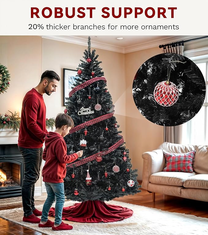 DWVO 6ft Pre-lit Black Christmas Tree with Lights, Prelit Halloween ChristmasTtrees with 818 Tips & 250 UL Listed Lights, Automatic Branches & Easy Assembly with Remote Control for Home Party