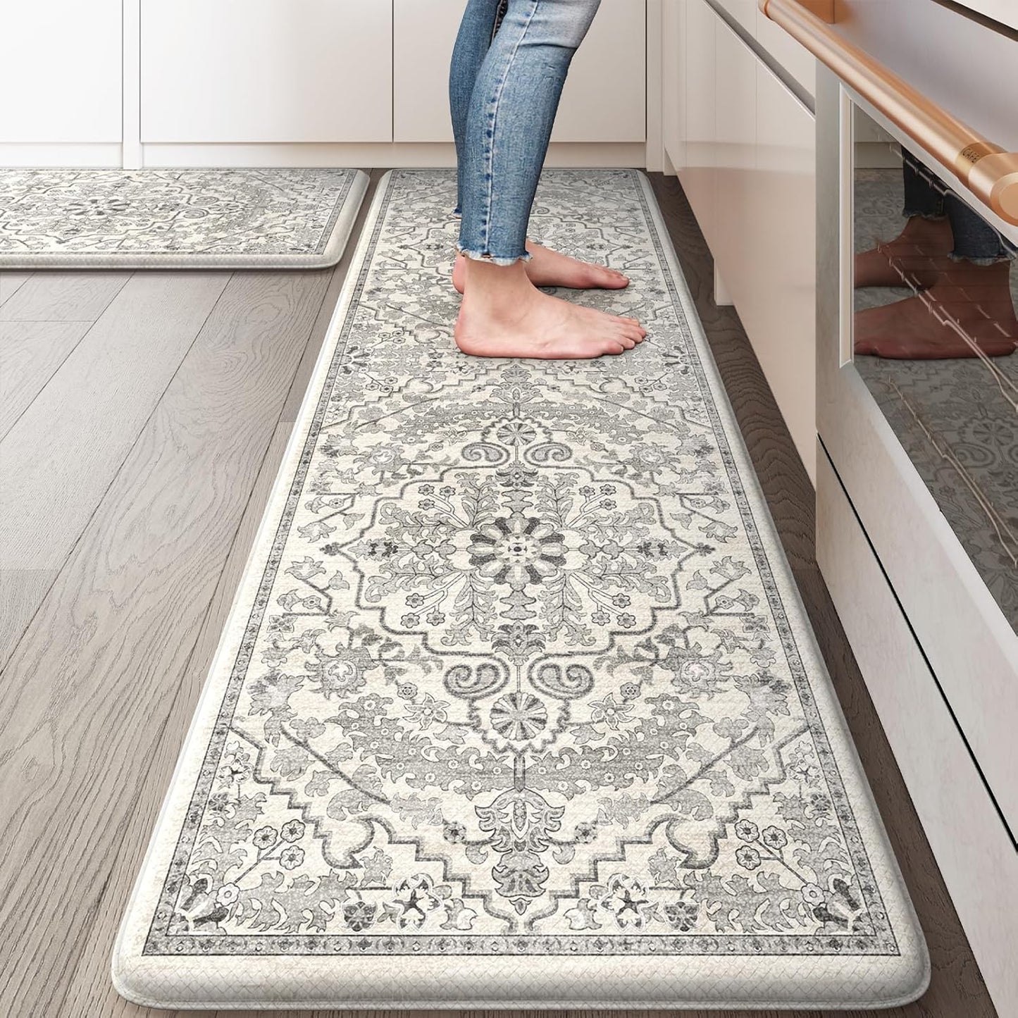 KIMODE Anti Fatigue Kitchen Mats, 2 PCS Cushioned Kitchen Rugs and Mats, Boho Kitchen Floor Mats Non Slip, Comfort Foam Standing Mat for Laundry, Office, Sink, Grey 17.3" x 59"+17.3" x 29"