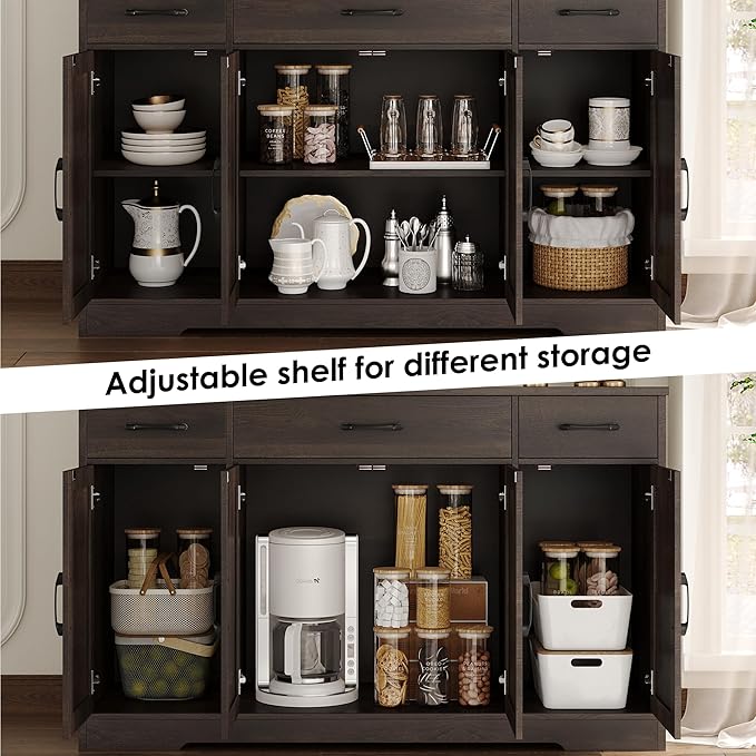 HOSTACK Buffet Cabinet with Drawers, 55" Large Sideboard Buffet Storage Cabinet with Shelves and Doors, Modern Farmhouse Coffee Bar Station Wood Kitchen Table for Kitchen, Dining Room, Dark Brown