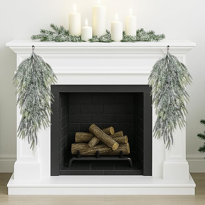 2 Pcs Artificial Christmas Snow Teardrop Swag, 28" Faux Glitter Snow Flocked Norfolk Pine Teardrop Door Swag, White Frosted Real Touch Pine Wreath Staircase Swags for Xmas Door Mantle Fireplace Decor