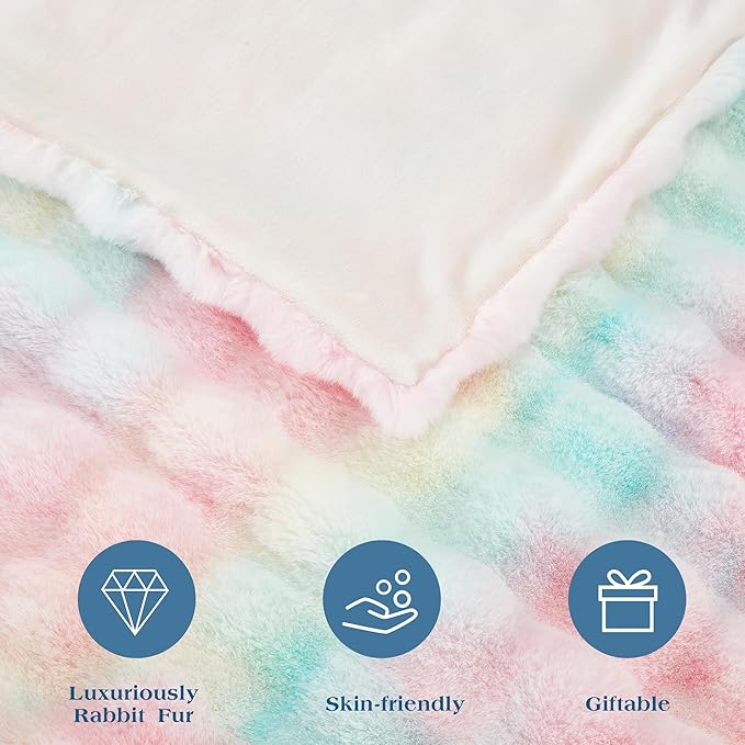 JONIYEAR Decorative Colorful Bubble Faux Rabbit Fur Throw Blanket 50" x 60", Thick Pastel Textured Warm Fluffy Blanket for Winter,Luxury Shag Cute Cozy Fuzzy Furry Lap Blankets for Couch Women,Rainbow