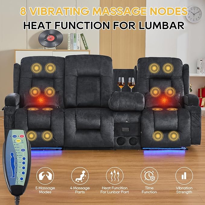 IPKIG 89" Power Reclining Loveseat Sofa, Electric Home Theater Seating with Console/4 Colors Ambient Lighting/Bluetooth Speakers/USB Ports/Built-in Outlets (Grey, 3-Seater with Console)