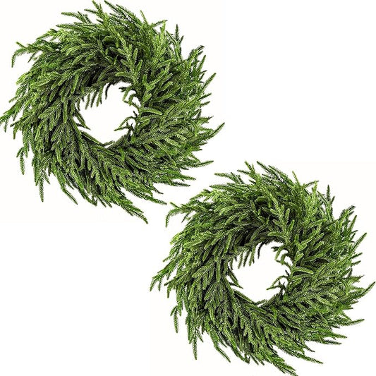 2 Pack Artificial Christmas Wreaths for Front Door, Norfolk Pine & Cedar Greenery with Red Velvet Bows, Real Touch Holiday Wreaths for Indoor Outdoor Decoration, No Assembly Needed