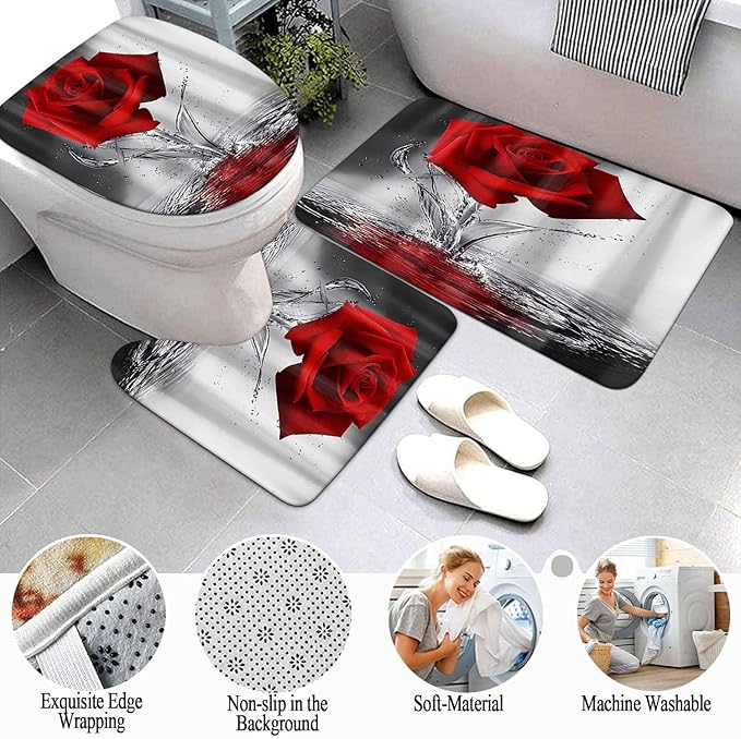 4Pcs Red Rose Shower Curtain Sets, Romantic Water Red Rose Bathroom Sets with Shower Curtain and Rugs Toilet Lid Cover Bath Mat, Waterproof Fabric Rose Gift Halloween Shower Curtains with Hooks