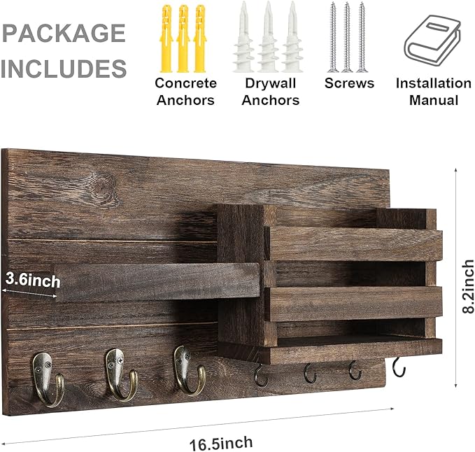 Mail Organizer for Wall Mount – Key Holder with Shelf Includes Letter Holder and Hooks for Coats, Dog Leashes – Rustic Wood with Flush Mounting Hardware (16.5” x 8.7” x 3.5”)