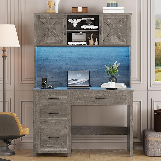Farmhouse 67" H Executive Desk with Hutch,Office Desk with 4 Drawers and LED Light, Computer Table with Storage Cabinet & File Drawers and Charging Station, Wood Workstation for Home Office and Study
