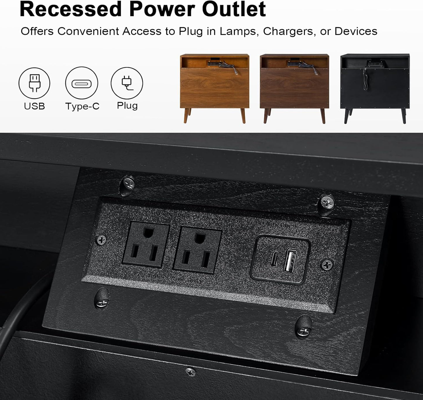 HULALA HOME Mid-Century Modern Nightstand Set of 2, 3-Drawers Nightstand with Charging Station(Black)